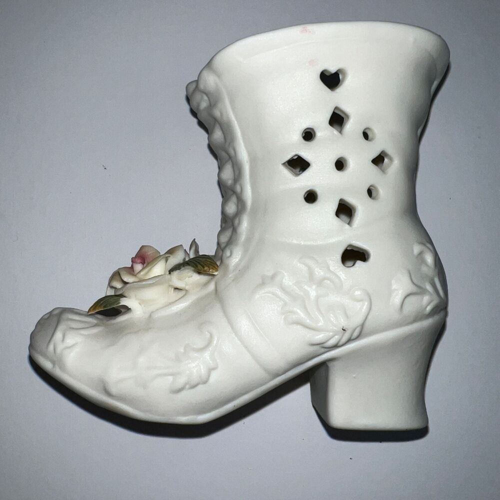 Vintage Porcelain Boot Vase White Floral Roses Victorian Style Shoe Figurine